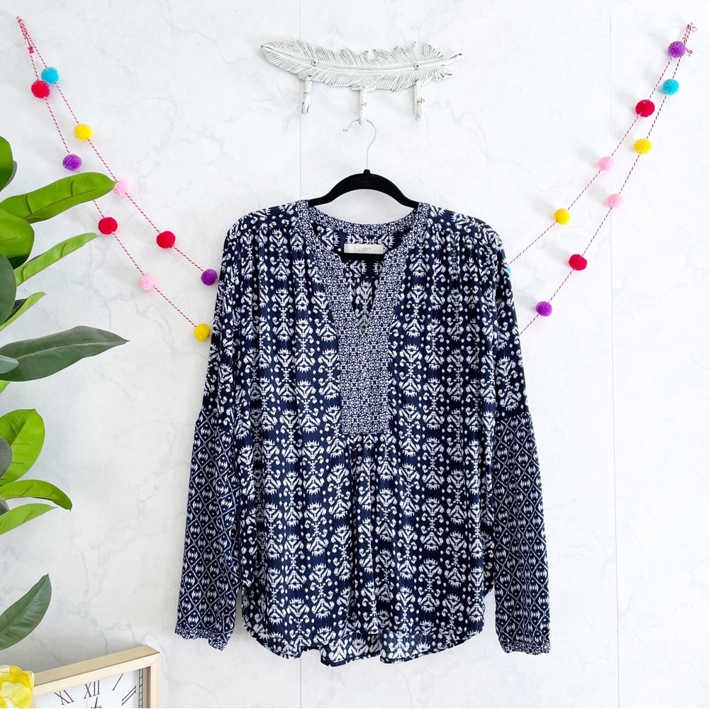 LOFT XL Blue White Mixed Print Long Sleeve Blouse